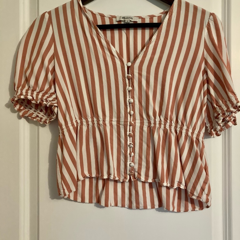 Pink Striped Madewell blouse.